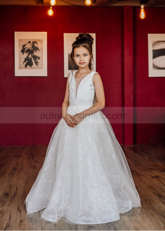 V Neck Ivory Tulle Pearls Floor Length Flower Girl Dress